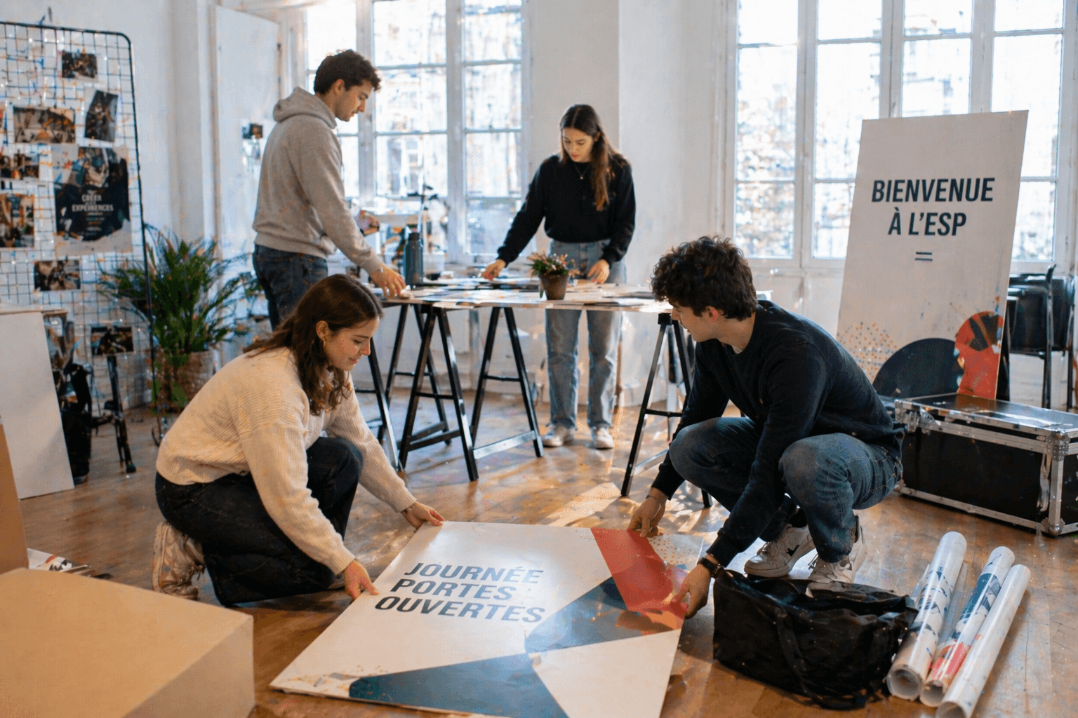 étudiants en Bachelor 3 événementiel en train d'installer des roll up, kakémonos pour un événement